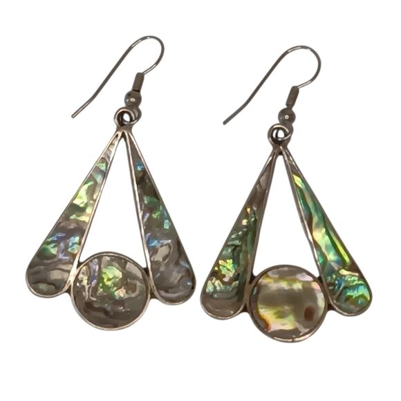Vintage Alpaca Mexico Silver Abalone Mother of Pearl Pierced Earrings Fan Shaped - Picture 1 of 8